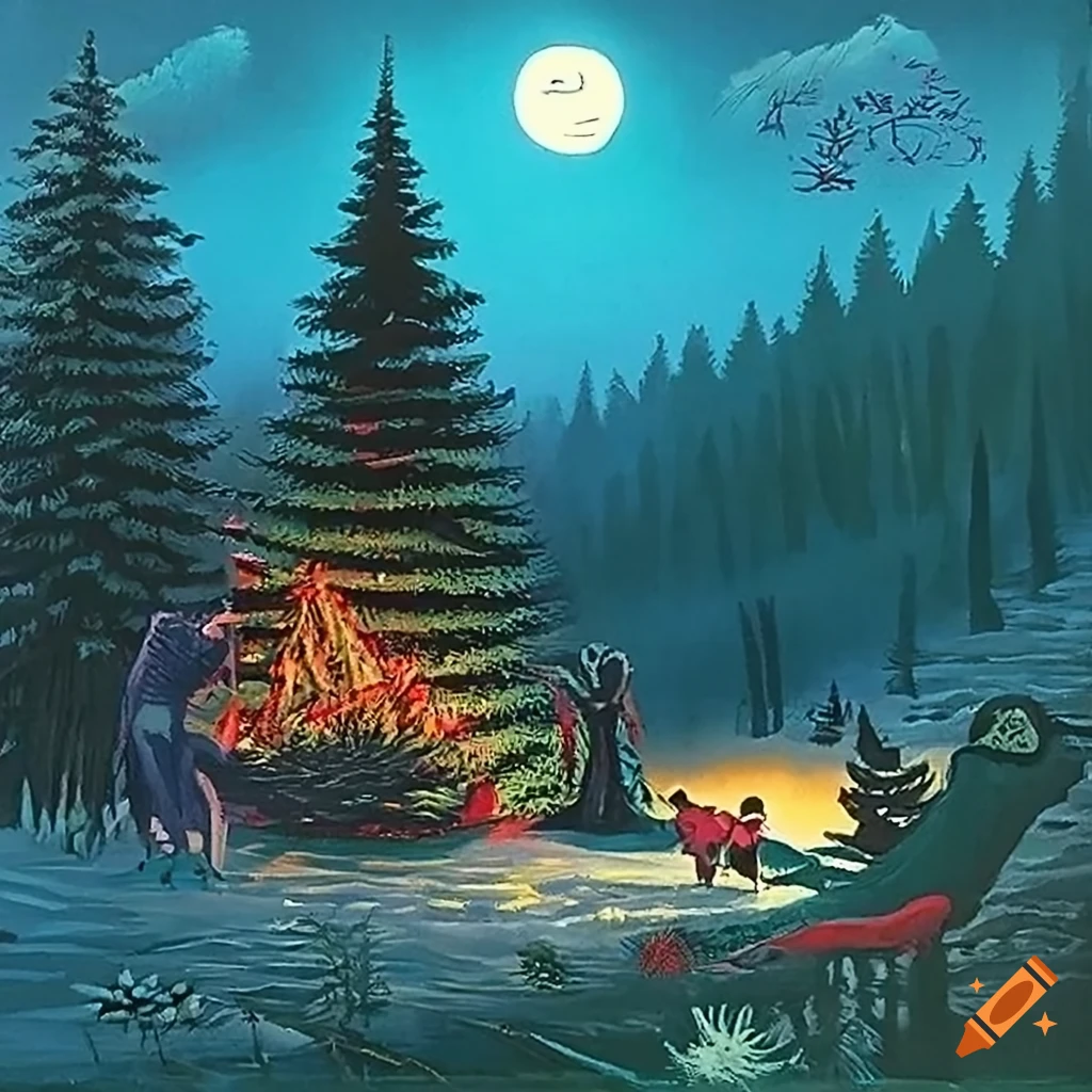 serigraph of a unique woodland Christmas scene