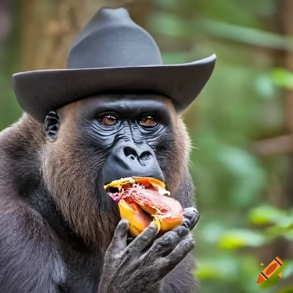 Gorilla wearing cowboy hat eating donuts in the forest on Craiyon