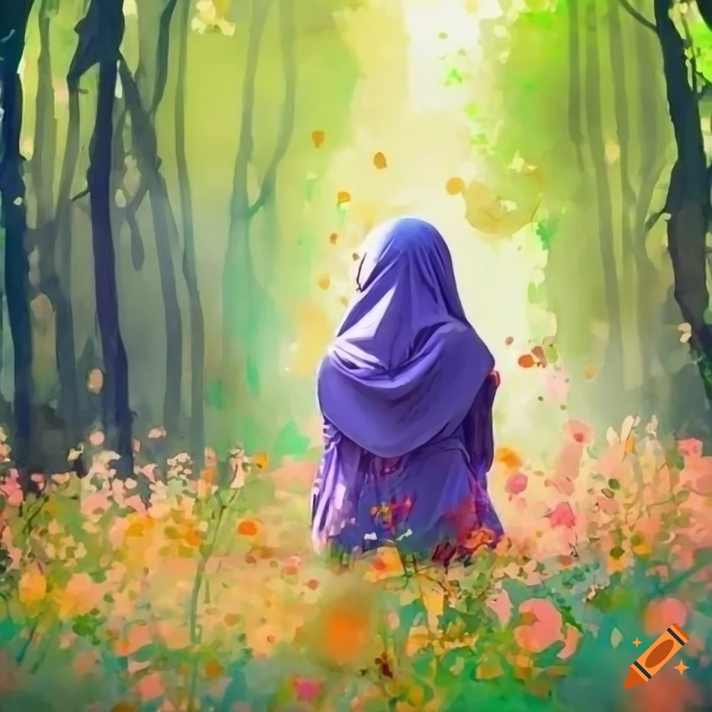 watercolor of a girl in hijab sitting in a forest