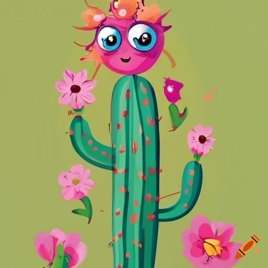 Cute cartoon cactus with colorful flowers on Craiyon