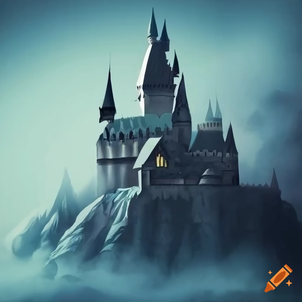 Nordic illustration of hogwarts castle in fog on Craiyon
