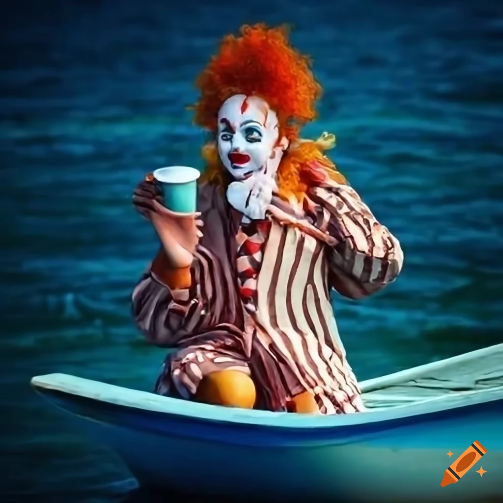 photo of a clown enjoying coffee on a boat at sea