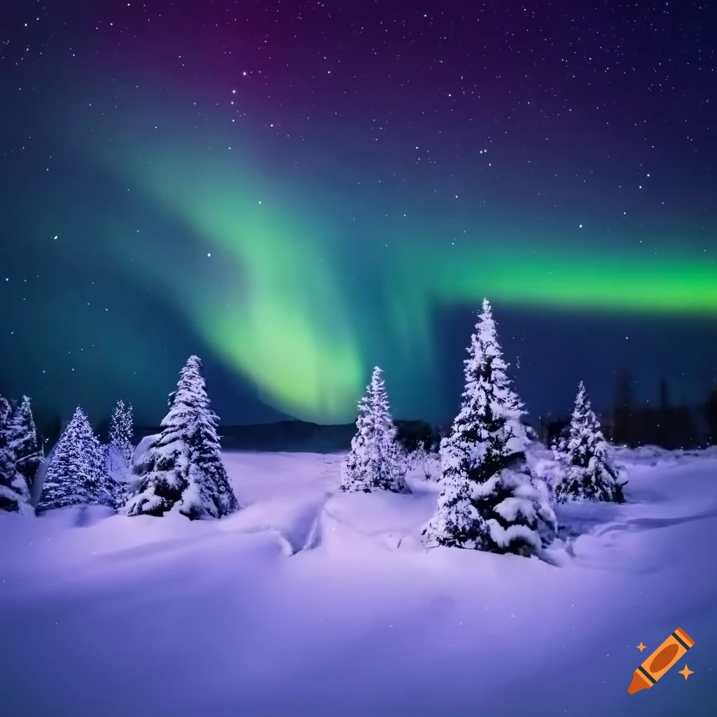 Snowy Field At Night With Aurora And Decorated Christmas Trees On Craiyon