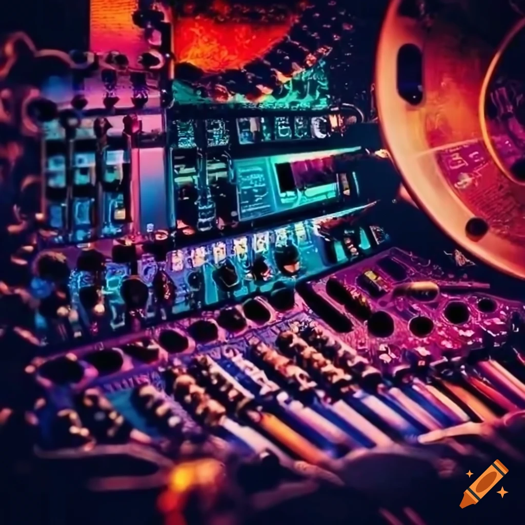 Music production with synthesizers and drum machines on Craiyon