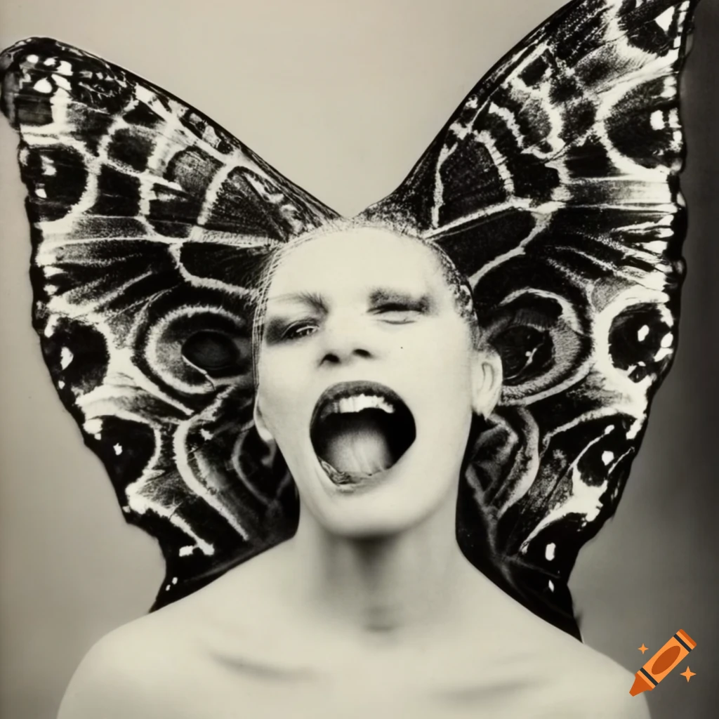 Vintage black and white photo of a butterfly with unique wing design