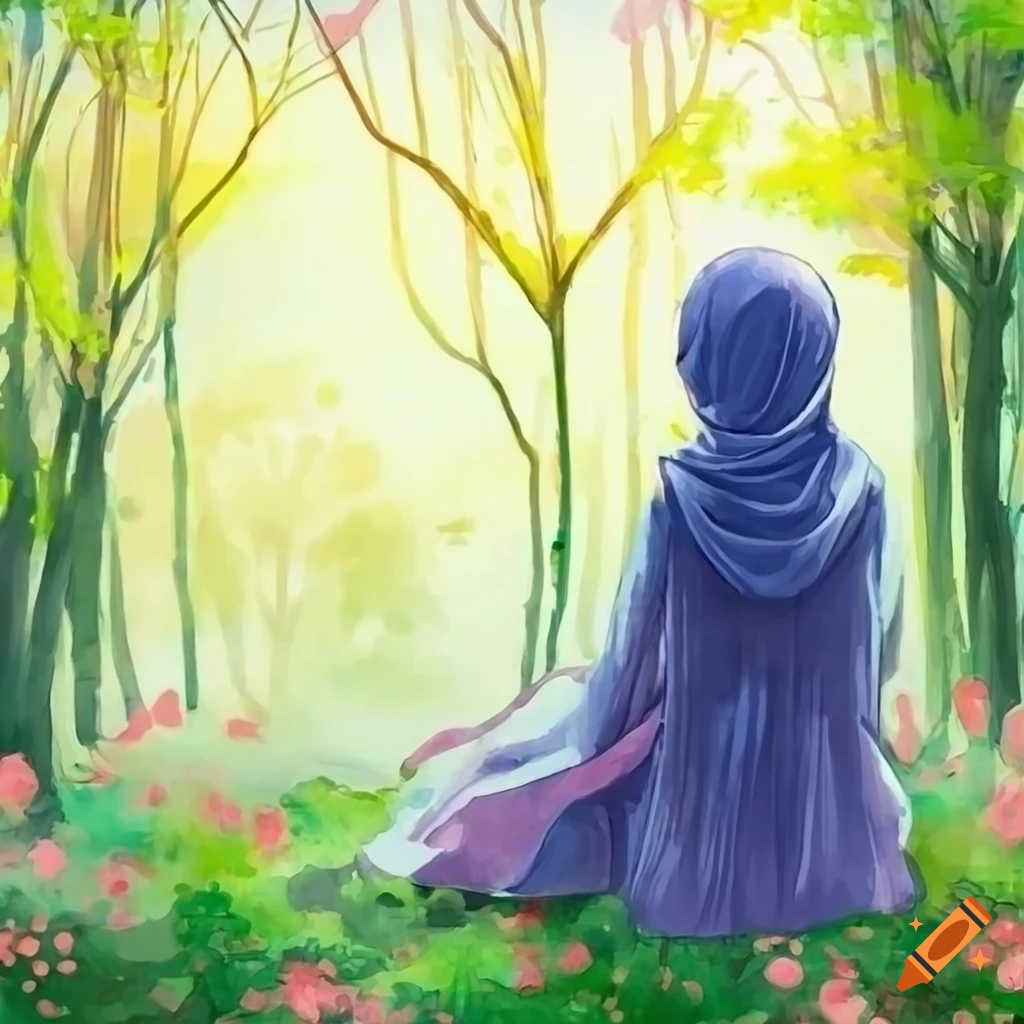 minimalist watercolor of a girl sitting in a flower-filled forest