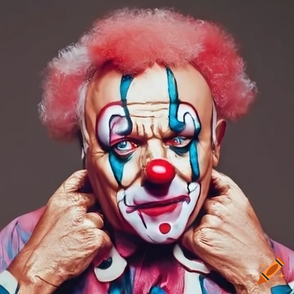 image of Anthony Hopkins in clown makeup with a satin pillow