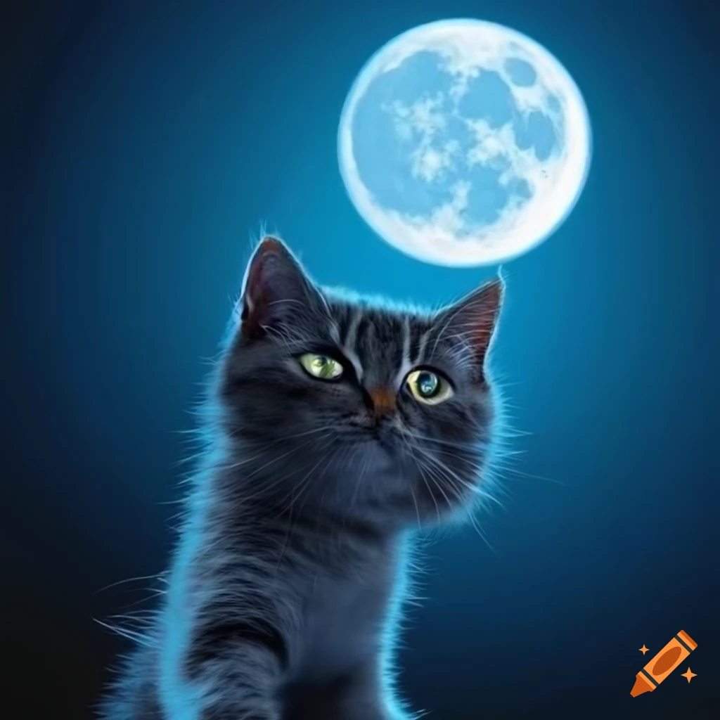 Blue background with a cute kitten and moon