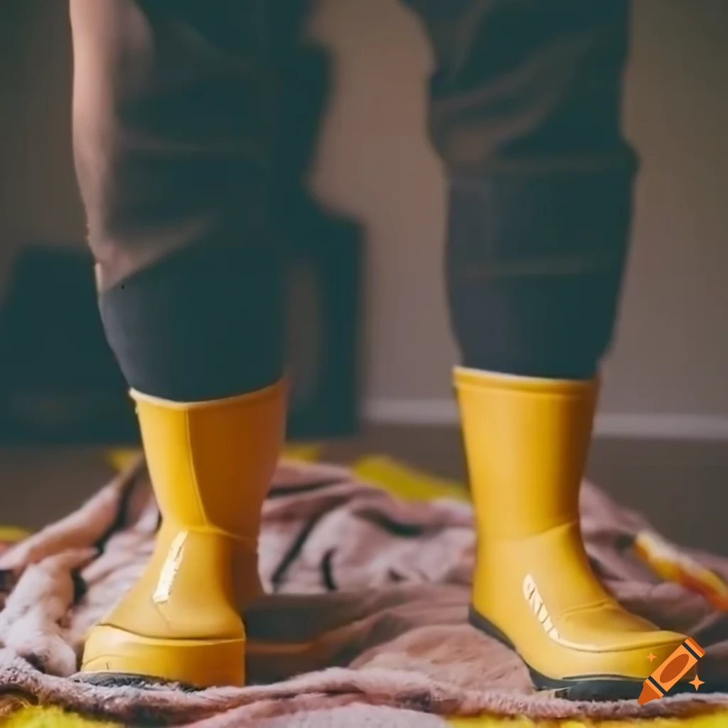 Closeup of feet wearing yellow rubber boots