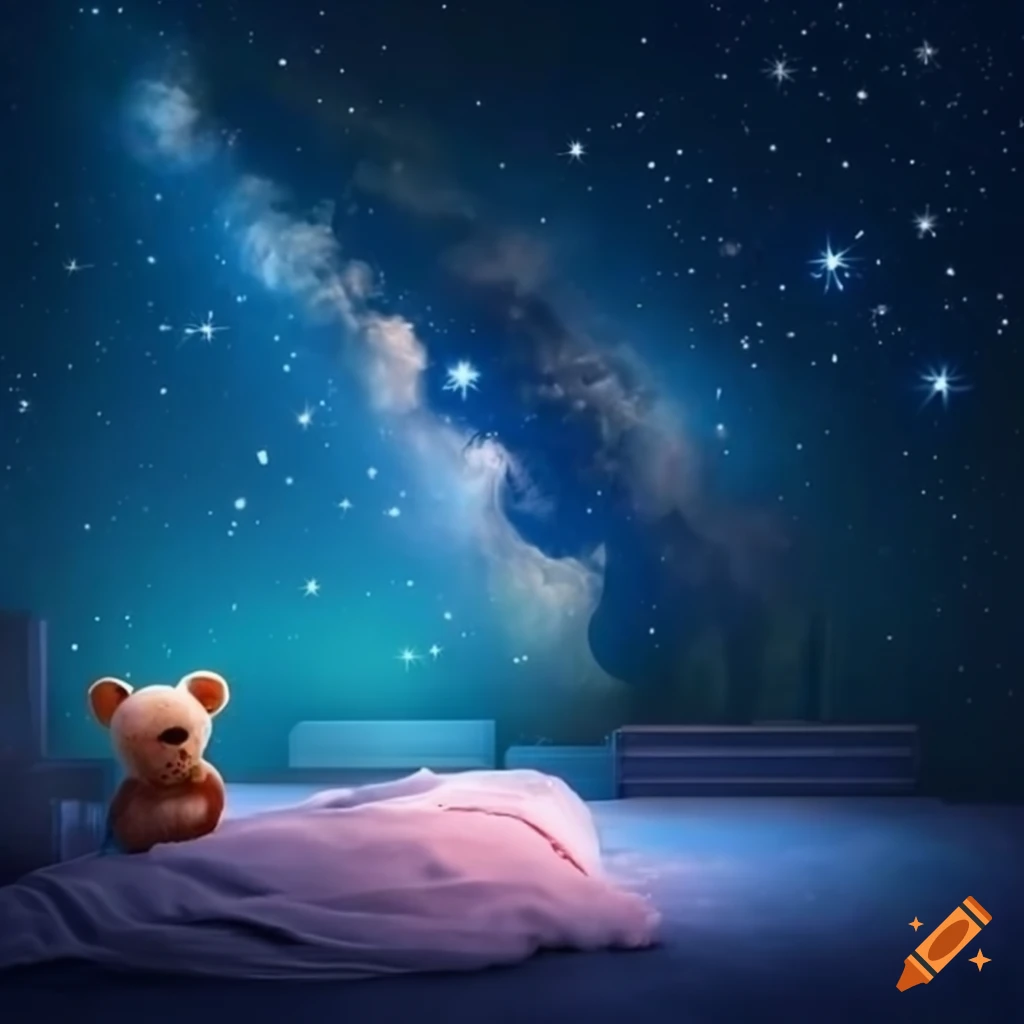 Bed with celestial seasons bear under dreamy night sky on Craiyon