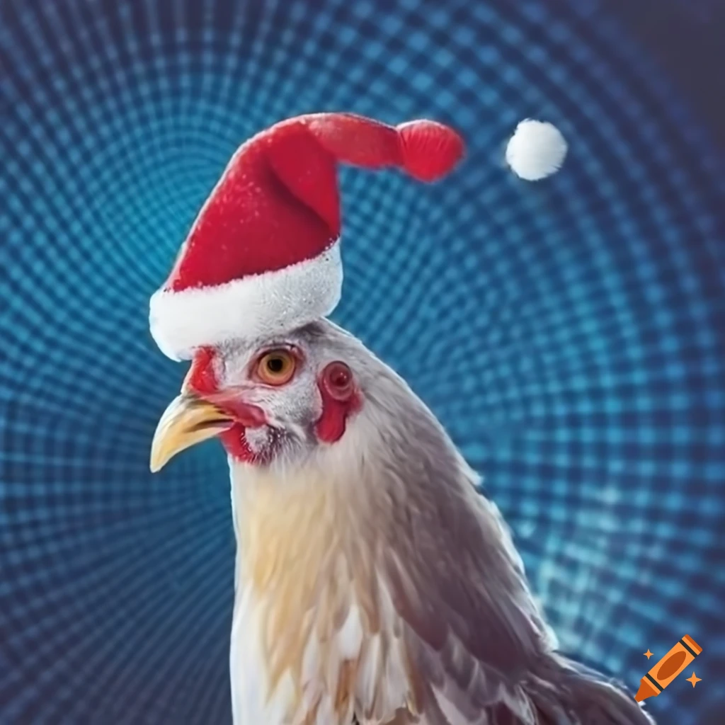 Chicken wearing a christmas hat on blue starburst background on Craiyon