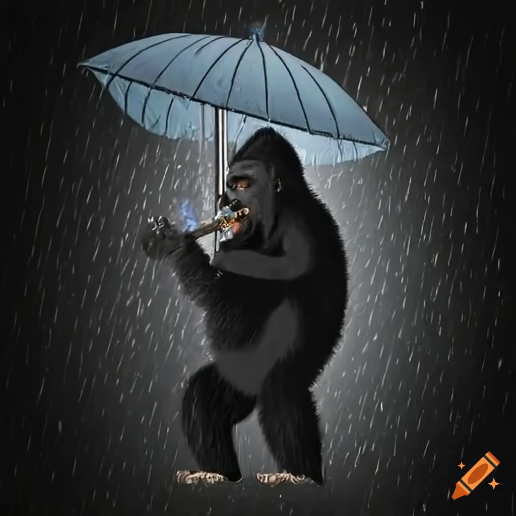 humorous illustration of a gorilla with an umbrella and a cigar