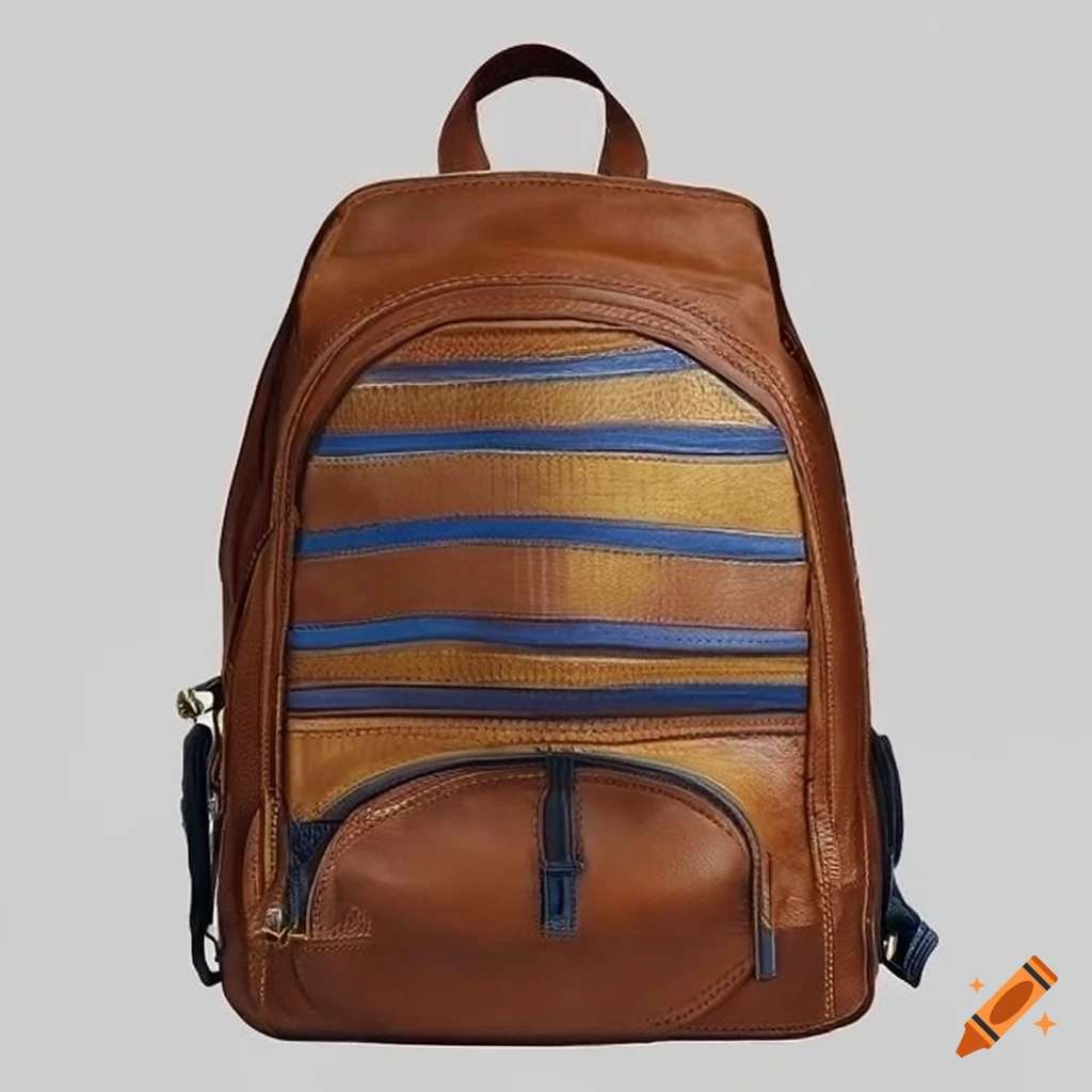 Expensivelooking brown leather backpack with blue zip on Craiyon