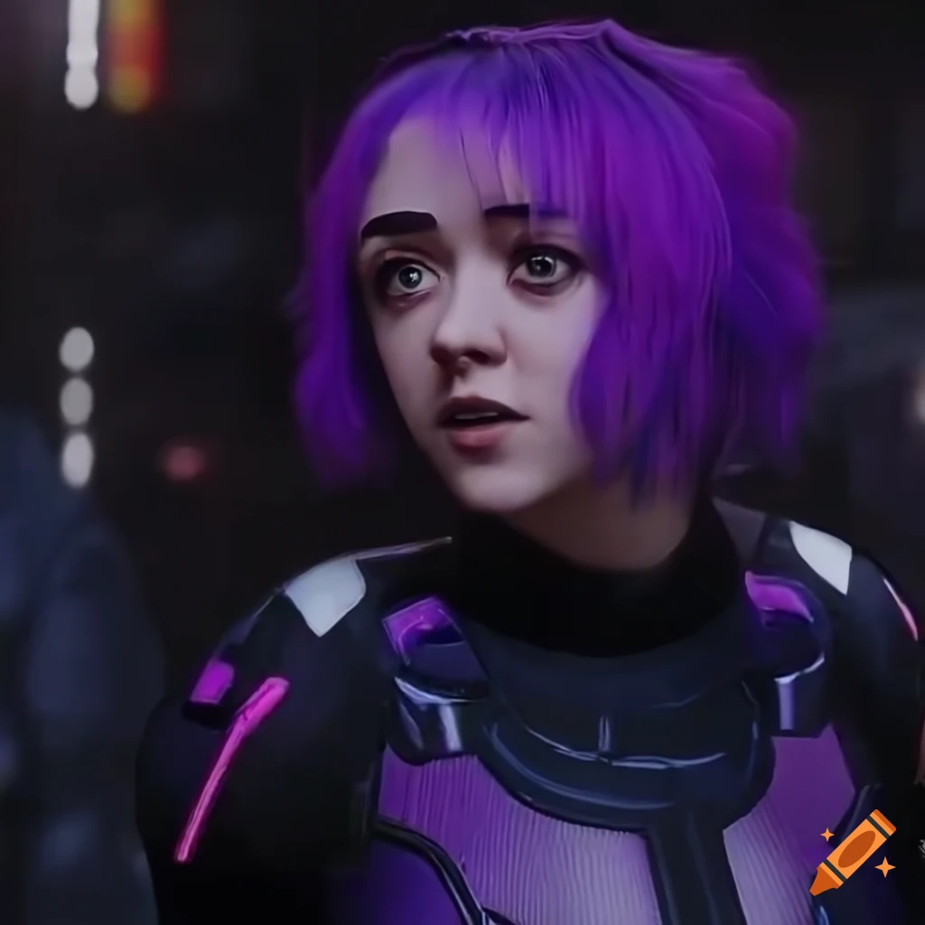 Maisie williams in purple sci-fi attire with crowd on Craiyon