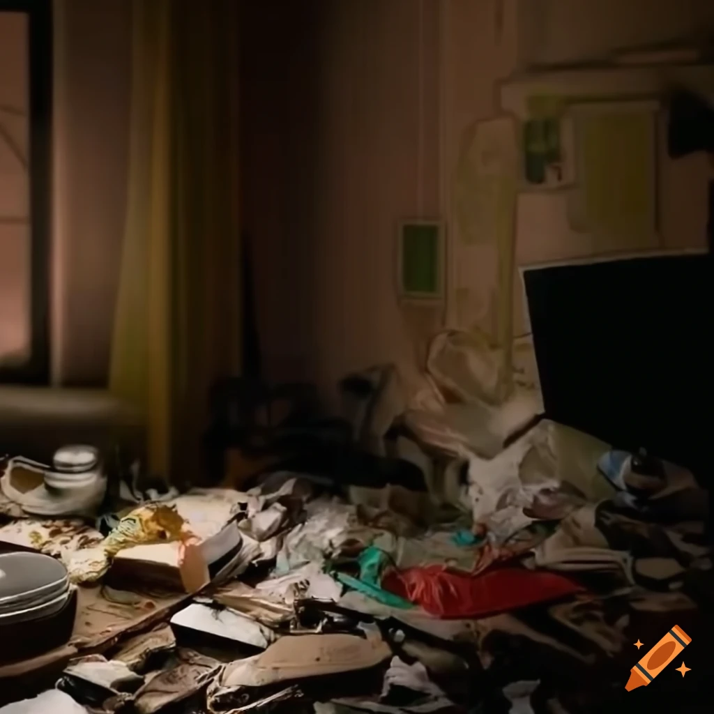 Dark room with scattered items and a glowing TV on Craiyon