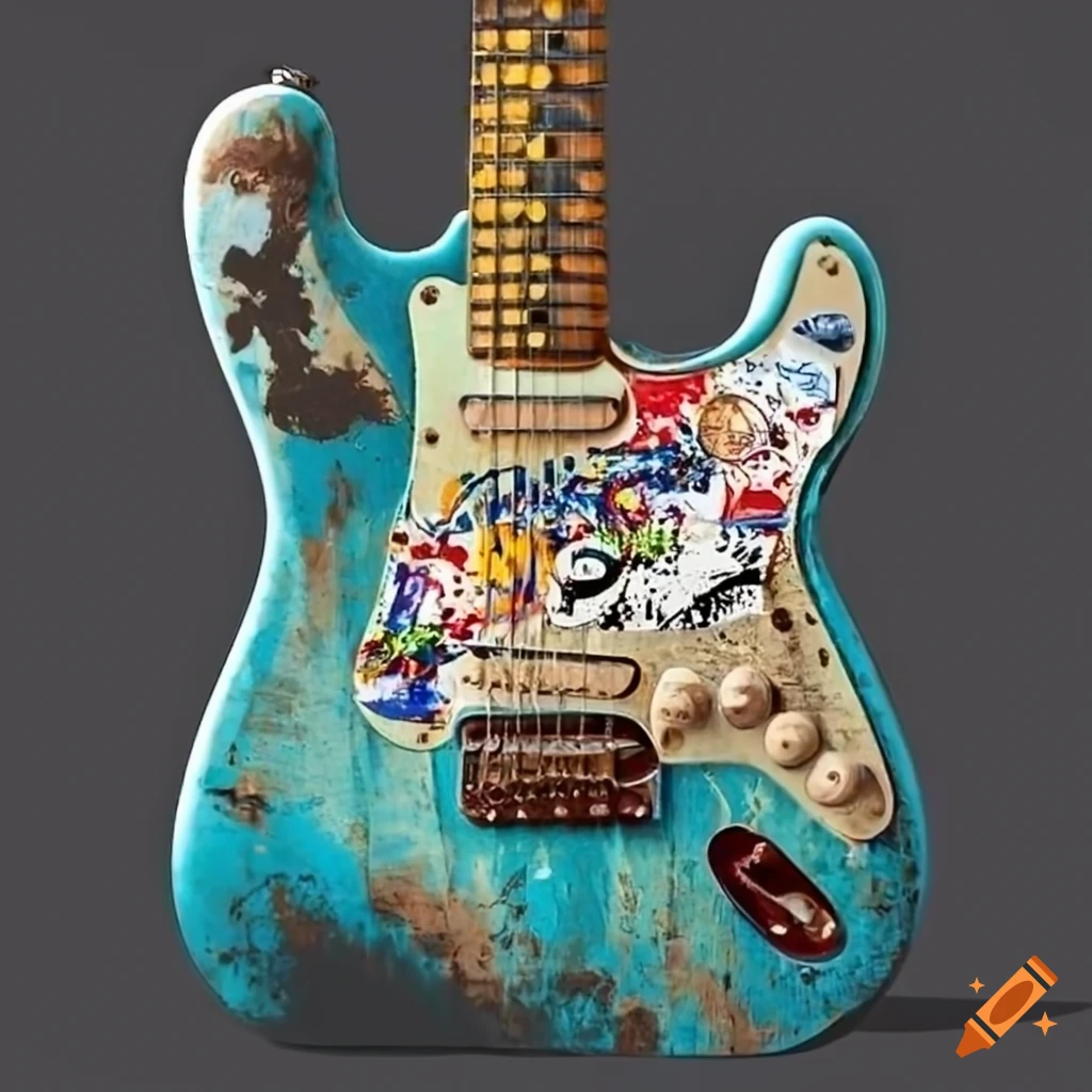 Weathered blue fender guitar with stickers and signs of heavy use on