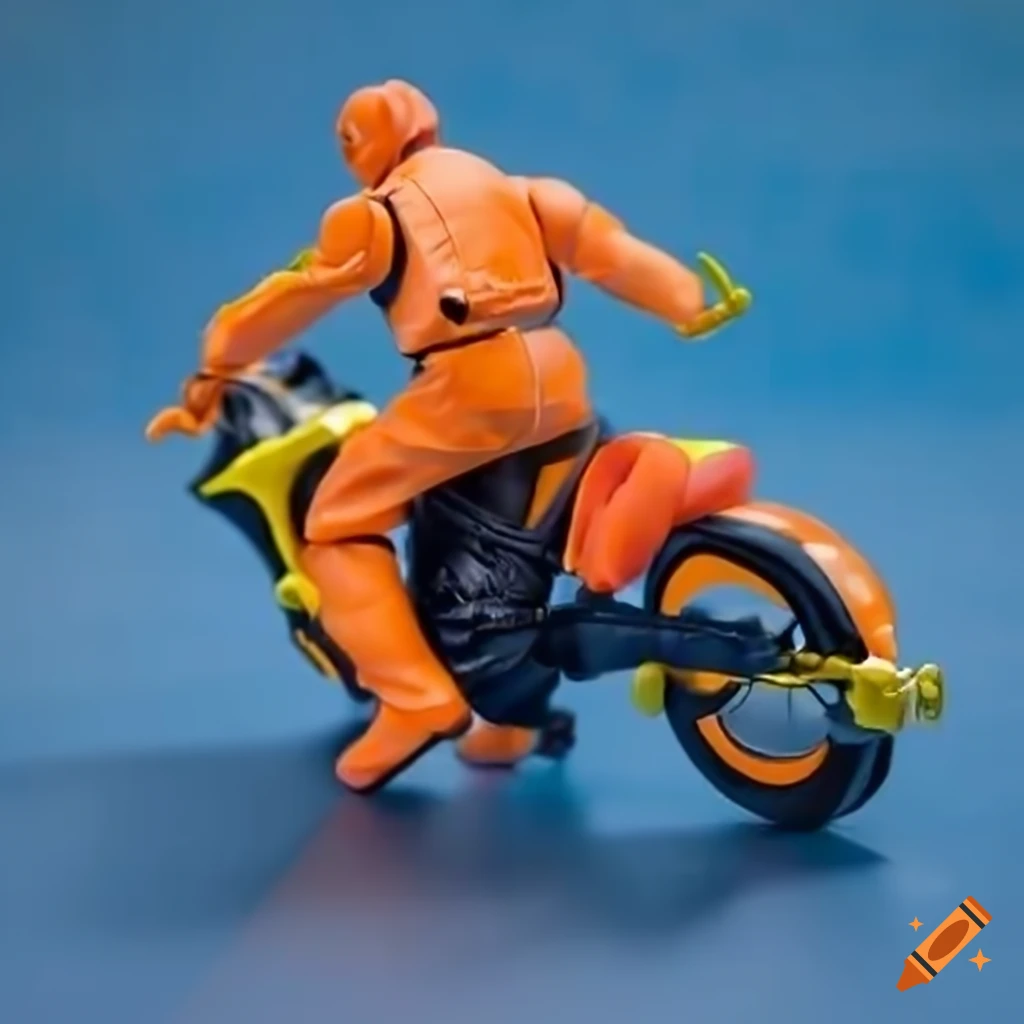 Action figure of a biker in orange suit