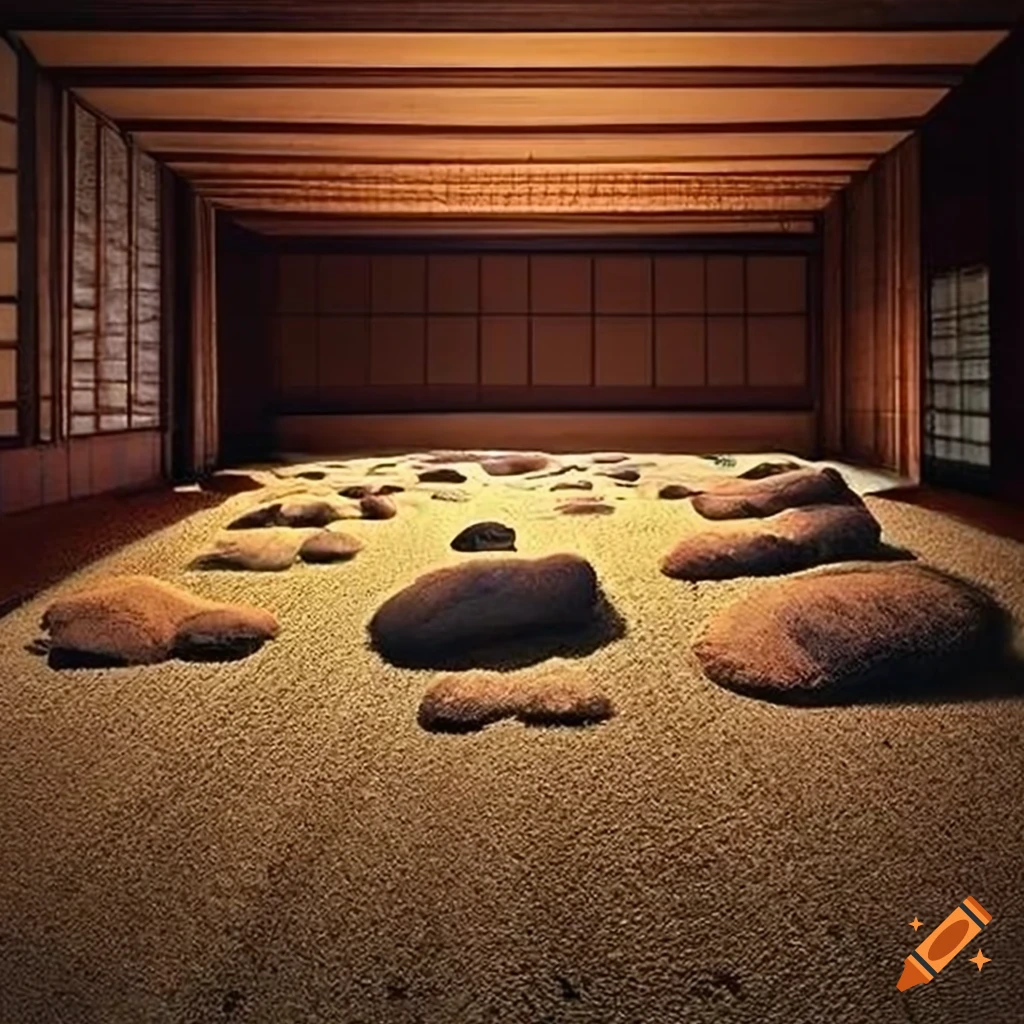 Art installation in a japanese house with a jute carpet on Craiyon