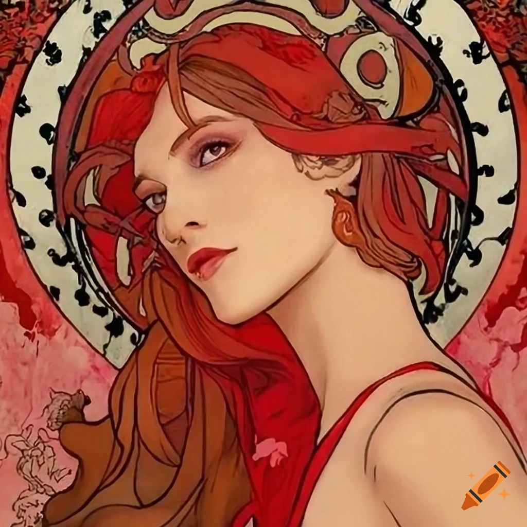Portrait of hadley ashford in a red dress inspired by alphonse mucha on Craiyon