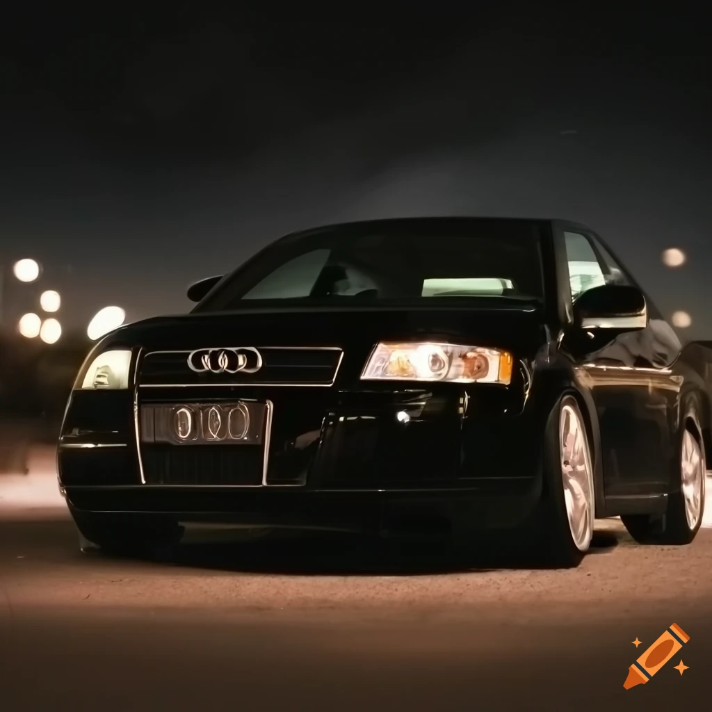 black Audi A3 parked at a gas station at night