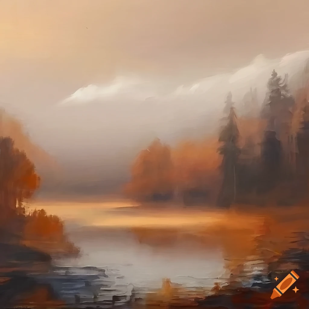 Autumn landscape painting of misty mountain and lake on Craiyon