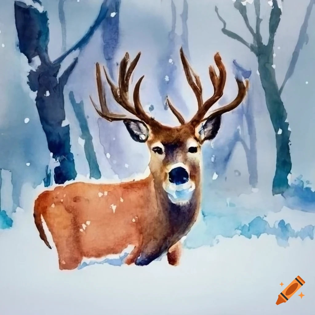 watercolor of a deer in the snow