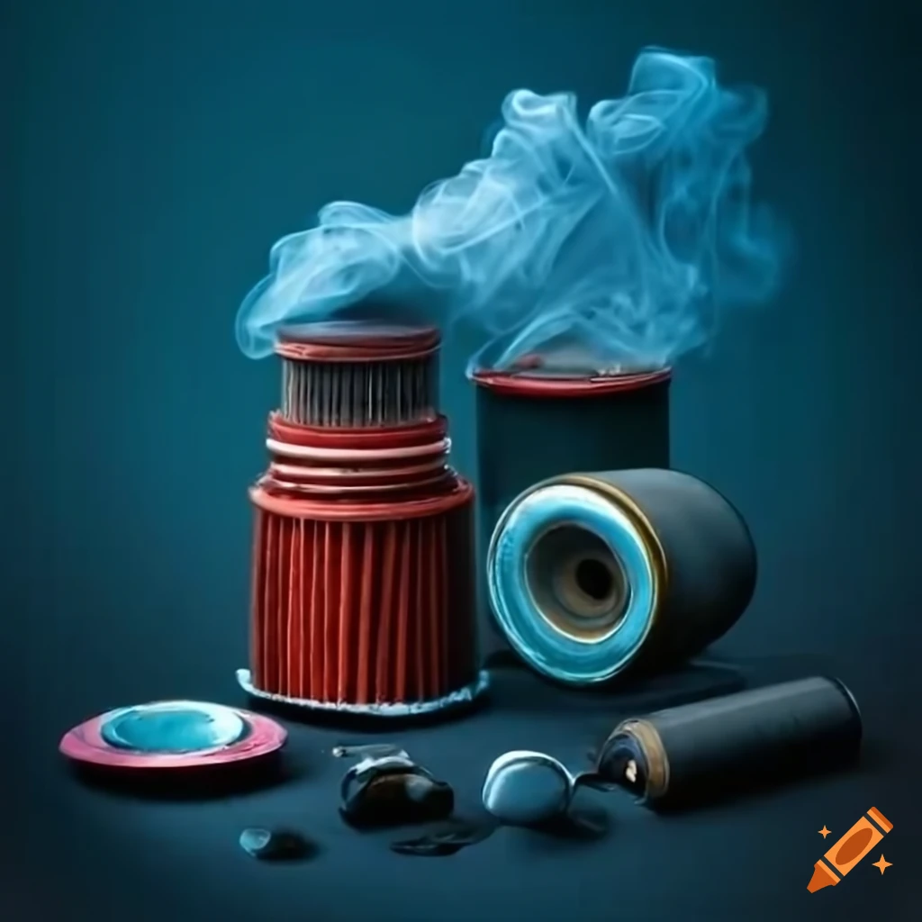 stack of discarded motor oil canisters with smoke