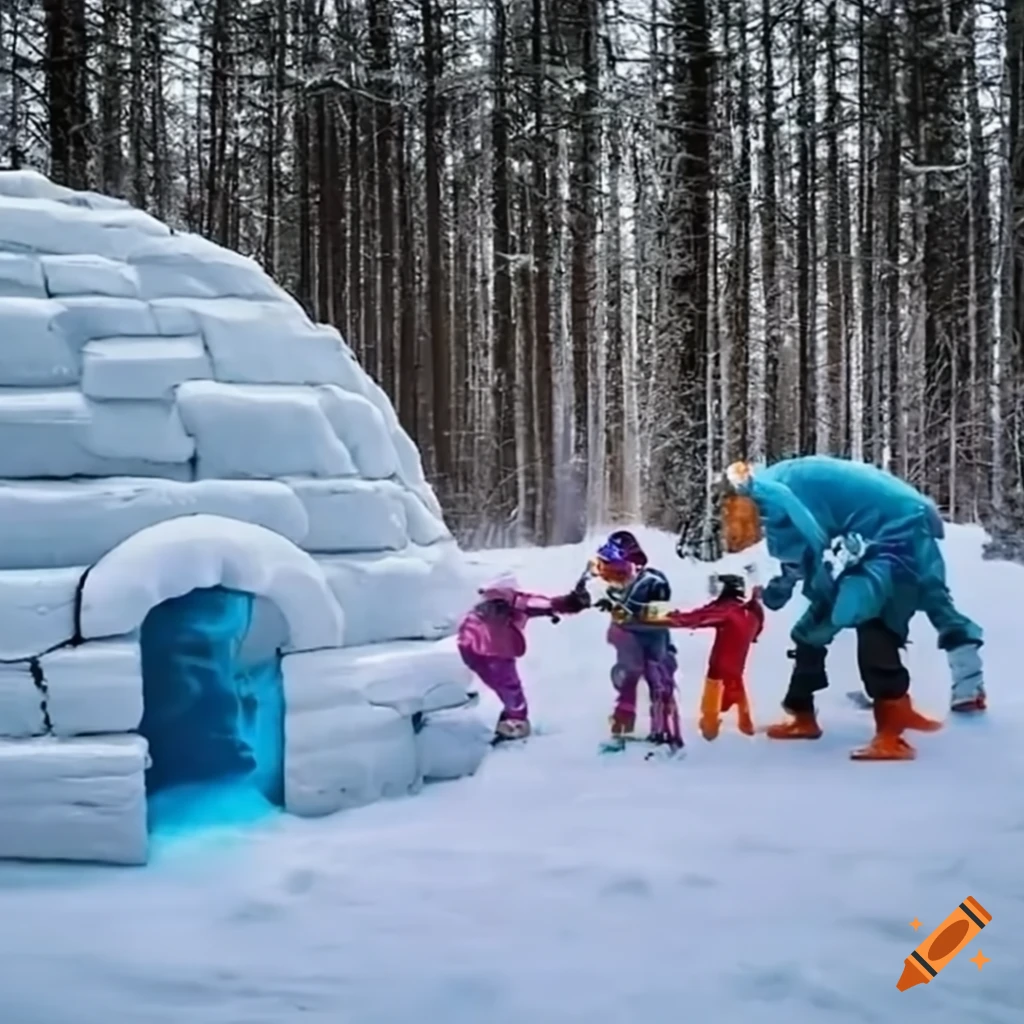 construction d'igloo avec des enfants dans une forêt enneigée