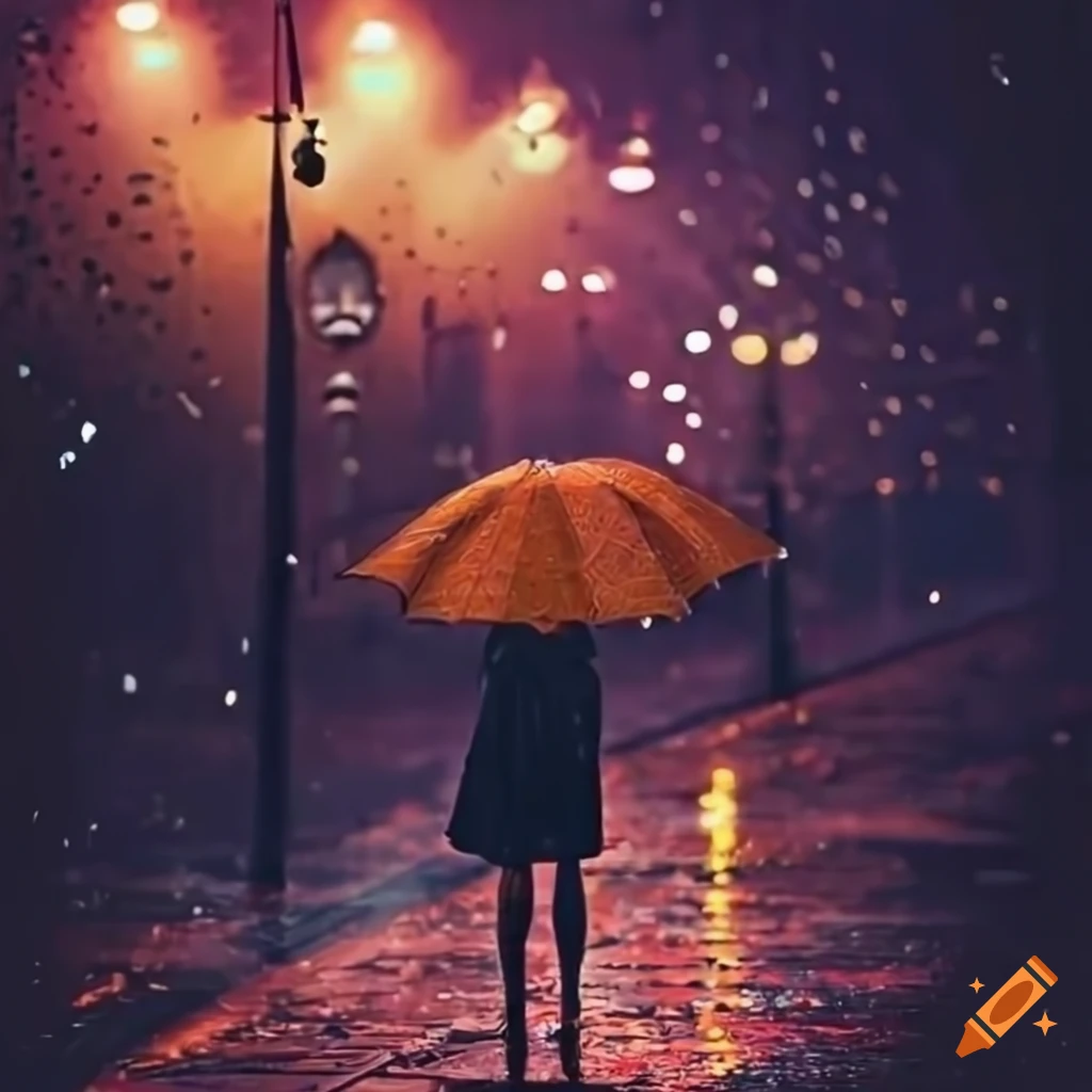girl under umbrella in rainy night