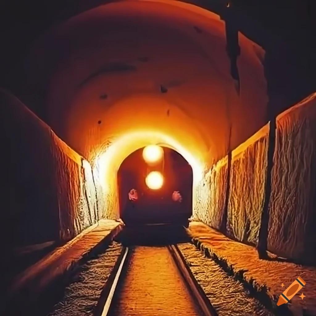 train passing through a tunnel at midnight
