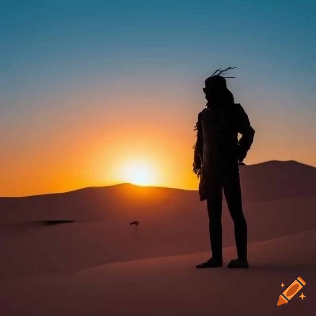 Silhouette of a survivor in desert sunset on Craiyon