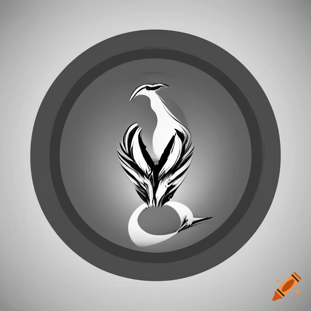 Grayscale logo of a phoenix emerging from an almond-shaped egg on Craiyon