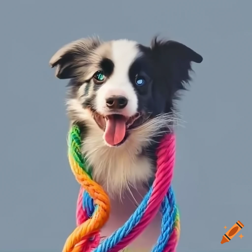Border collie puppy playing with a rope toy