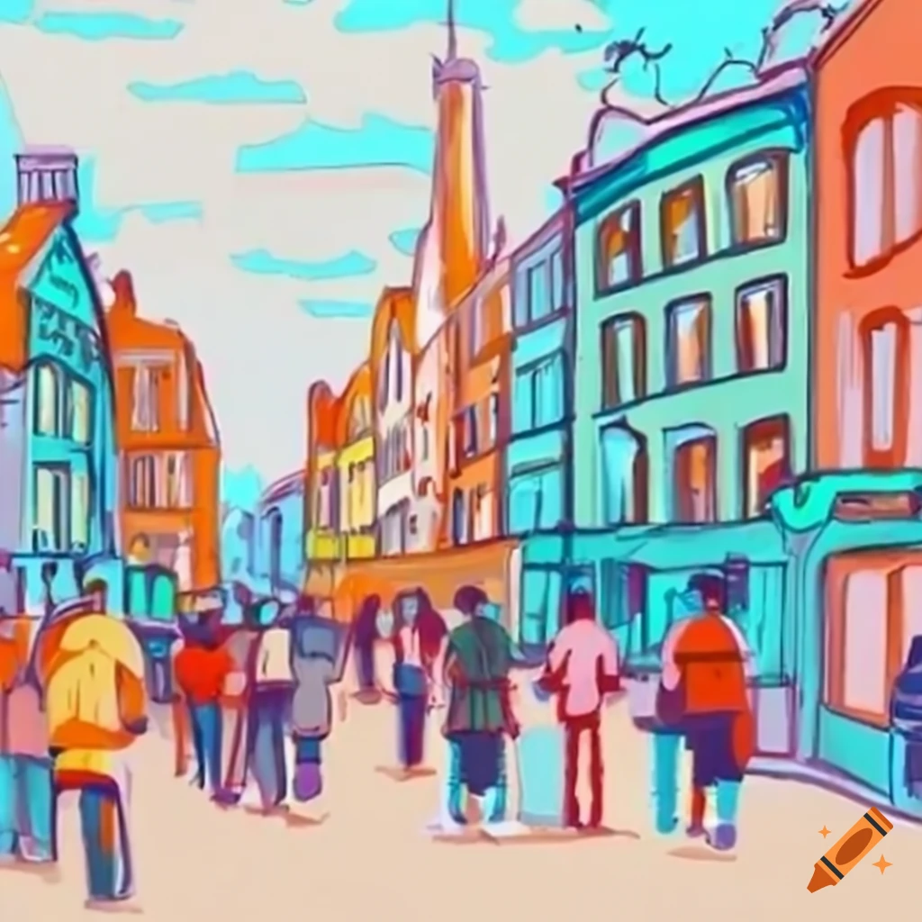 Conceptual illustration of a busy city with streets, cars and houses.  Cartoon style drawing Stock Photo - Alamy