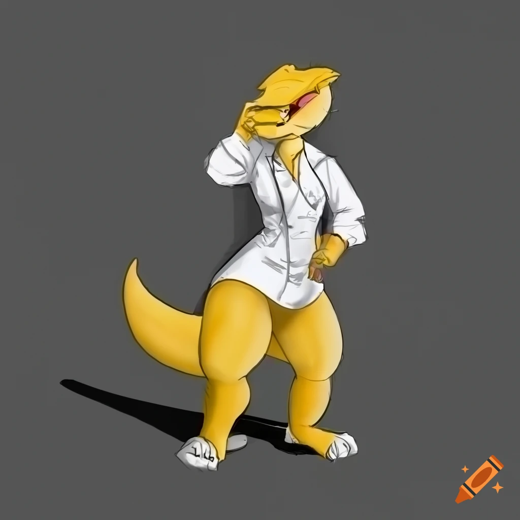 yellow anthropomorphic lizard woman in labcoat