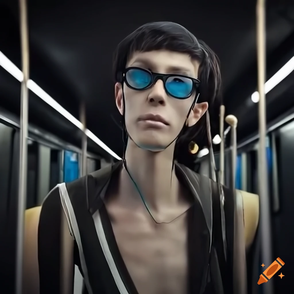 photorealistic Marionette in futuristic Tokyo subway