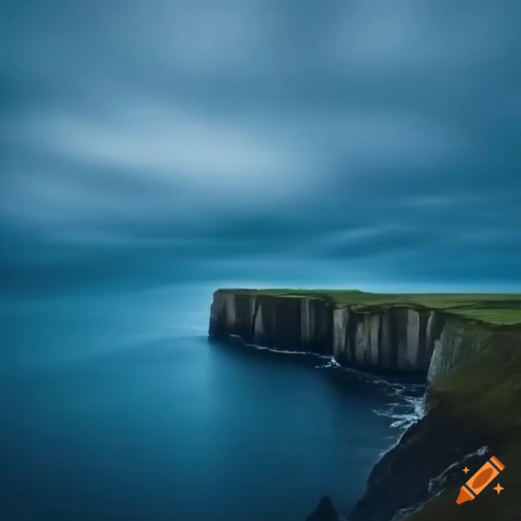 painting of stormy sea and dark blue sky over a cliff in England