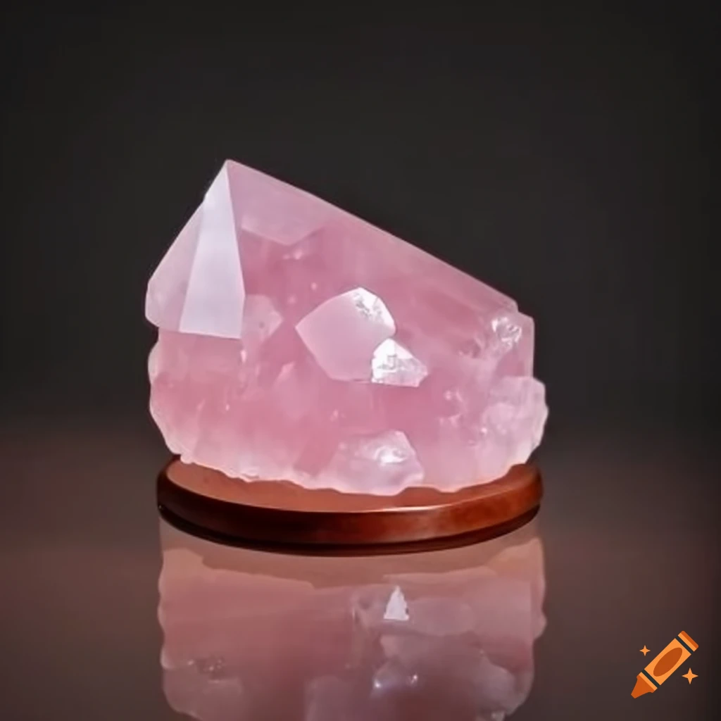 rose quartz crystal on mahogany stand
