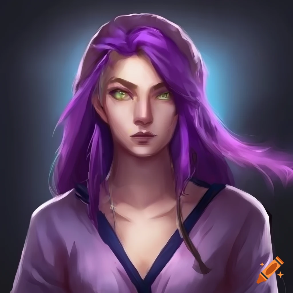 Portrait of a young non-binary person with purple hair and golden eyes ...