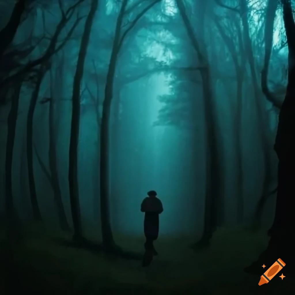 Eerie Image Of A Boy In A Dark Forest At Night