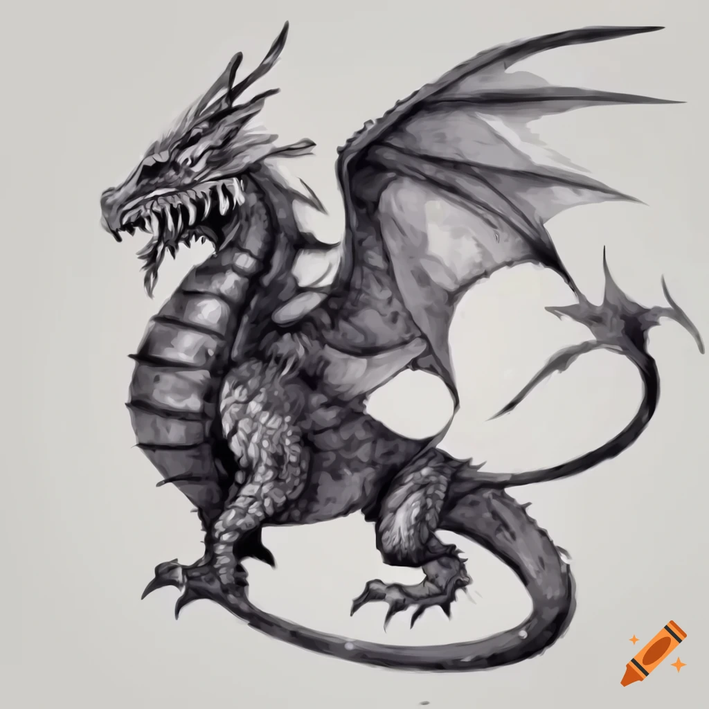 vectorized black and white illustration of a medieval dragon breathing fire