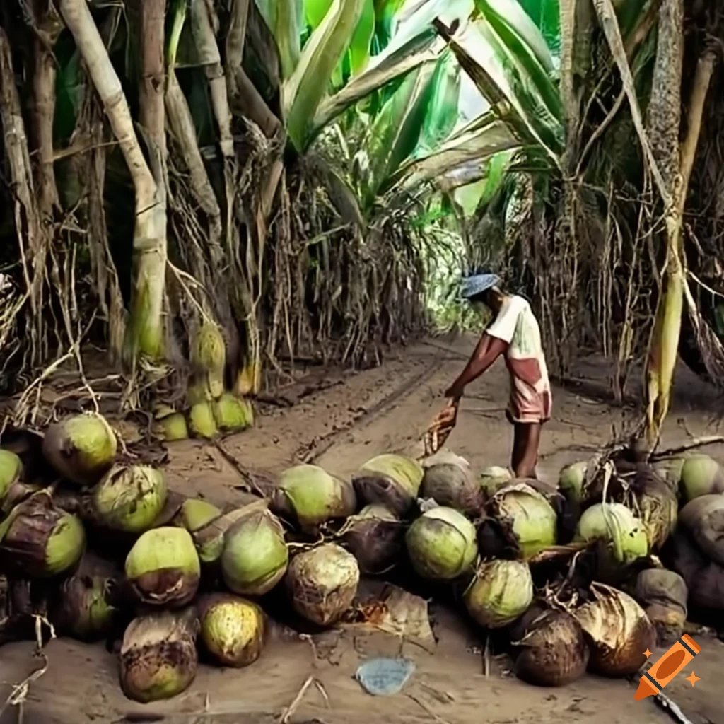 Coconut plantation with worker dehusking coconuts on Craiyon