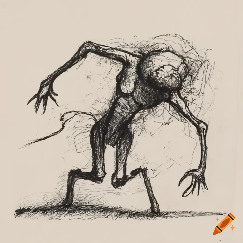 Pencil drawing of a surreal creature with scythes for limbs
