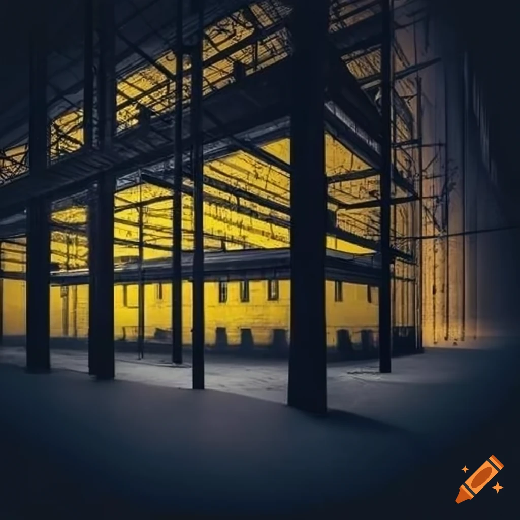stylish warehouse building in dark yellow and dark gray