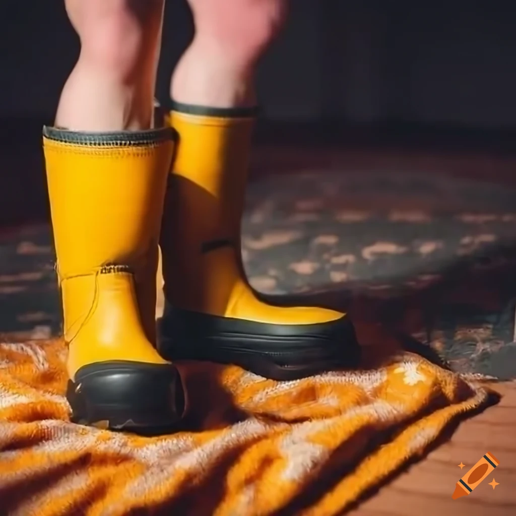 Closeup of feet wearing yellow rubber boots