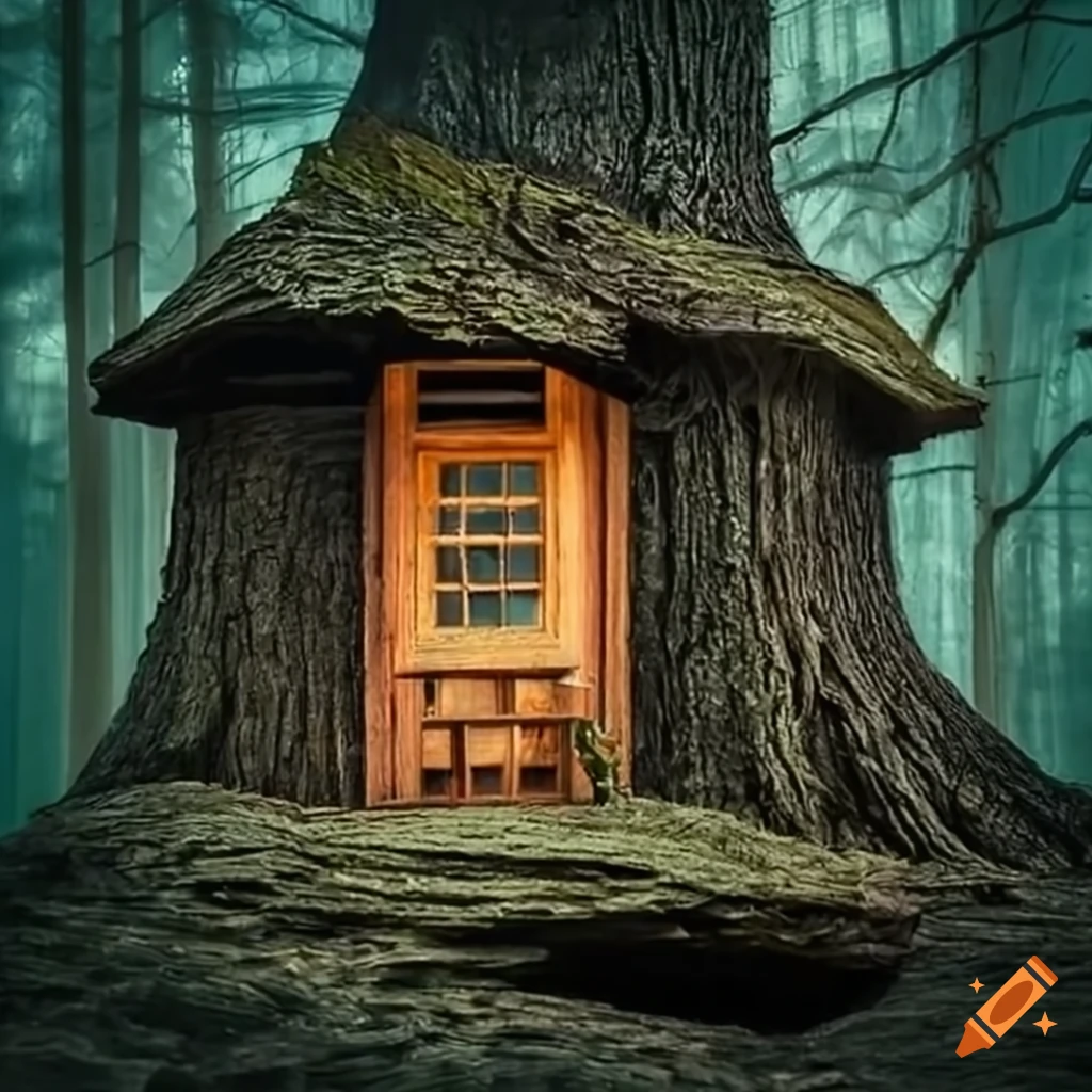 Picture of a charming tree house made of books