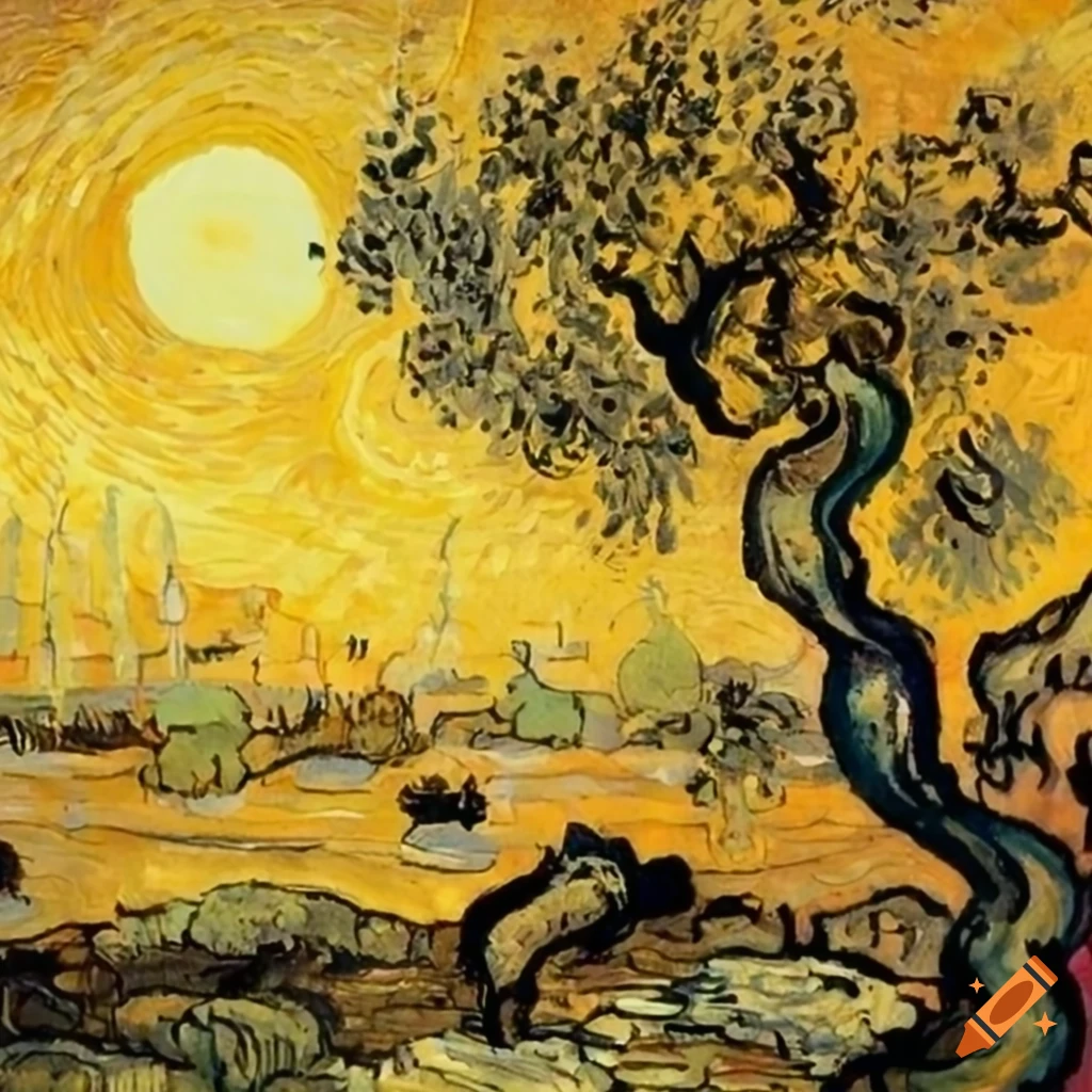 chinese-ink-painting-of-honeybees-and-olive-trees-at-sunrise
