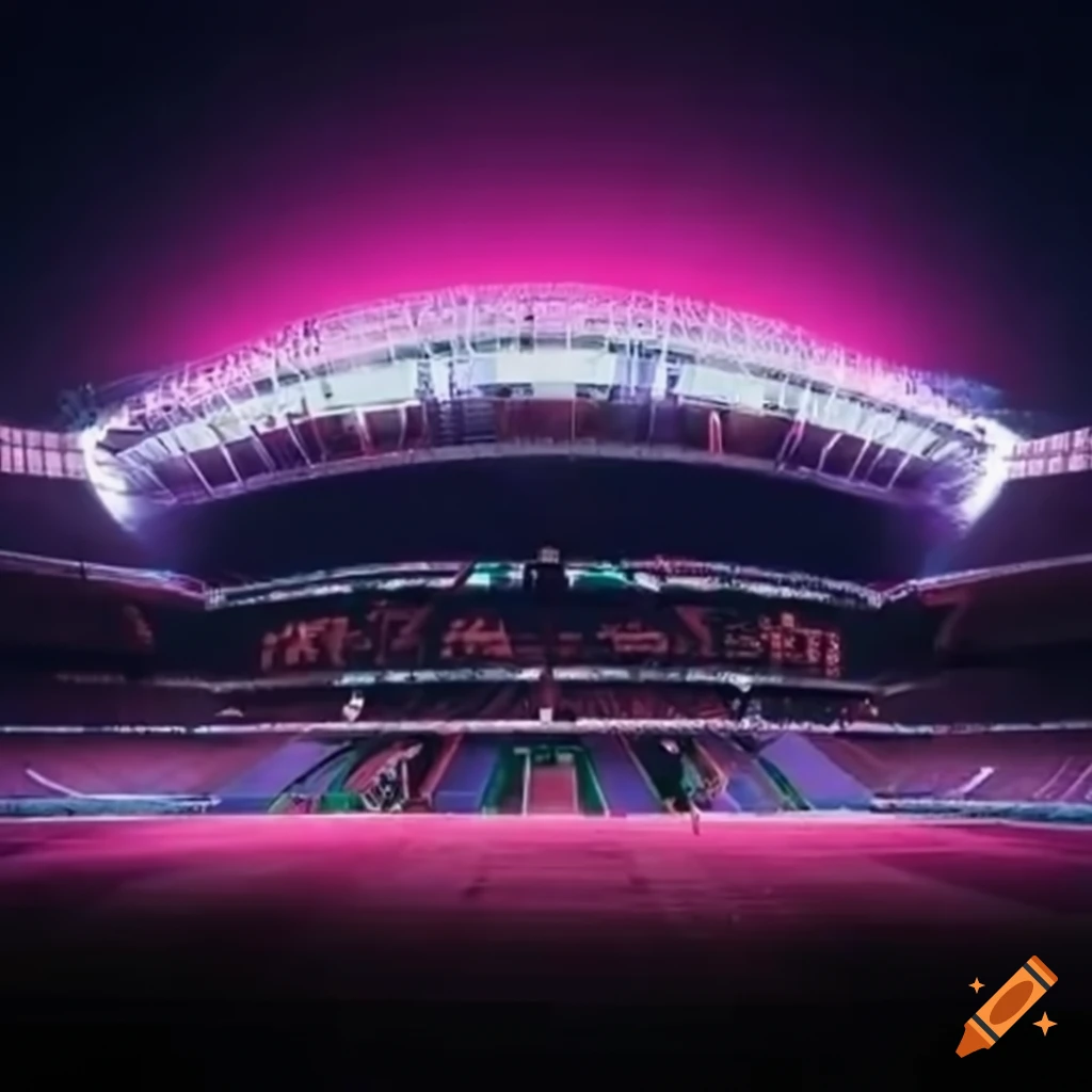 Estadio de fútbol futurista con gradas gigantes y suelo rosa on Craiyon