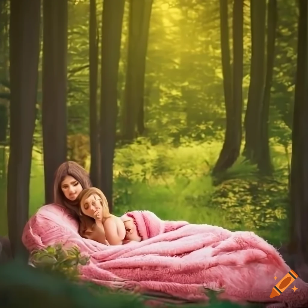 Sunny forest glade with a bed and a girl with cat ears on Craiyon