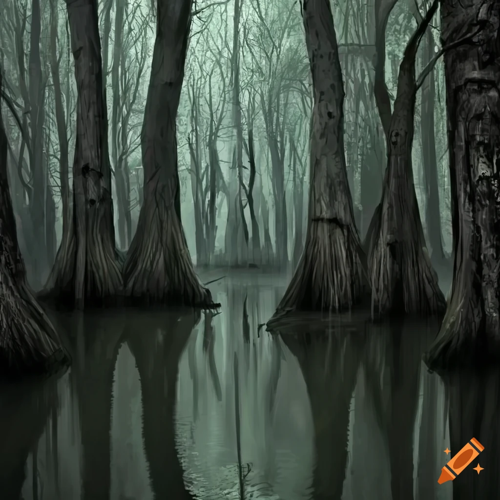 Spooky trees in a mysterious swamp on Craiyon